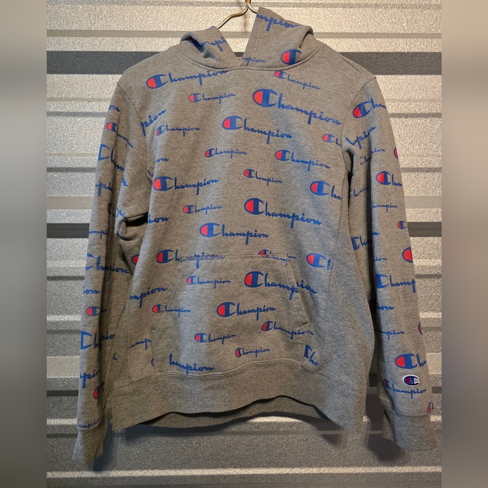 Champion Gray Hoodie with Multicolor Logo Pattern